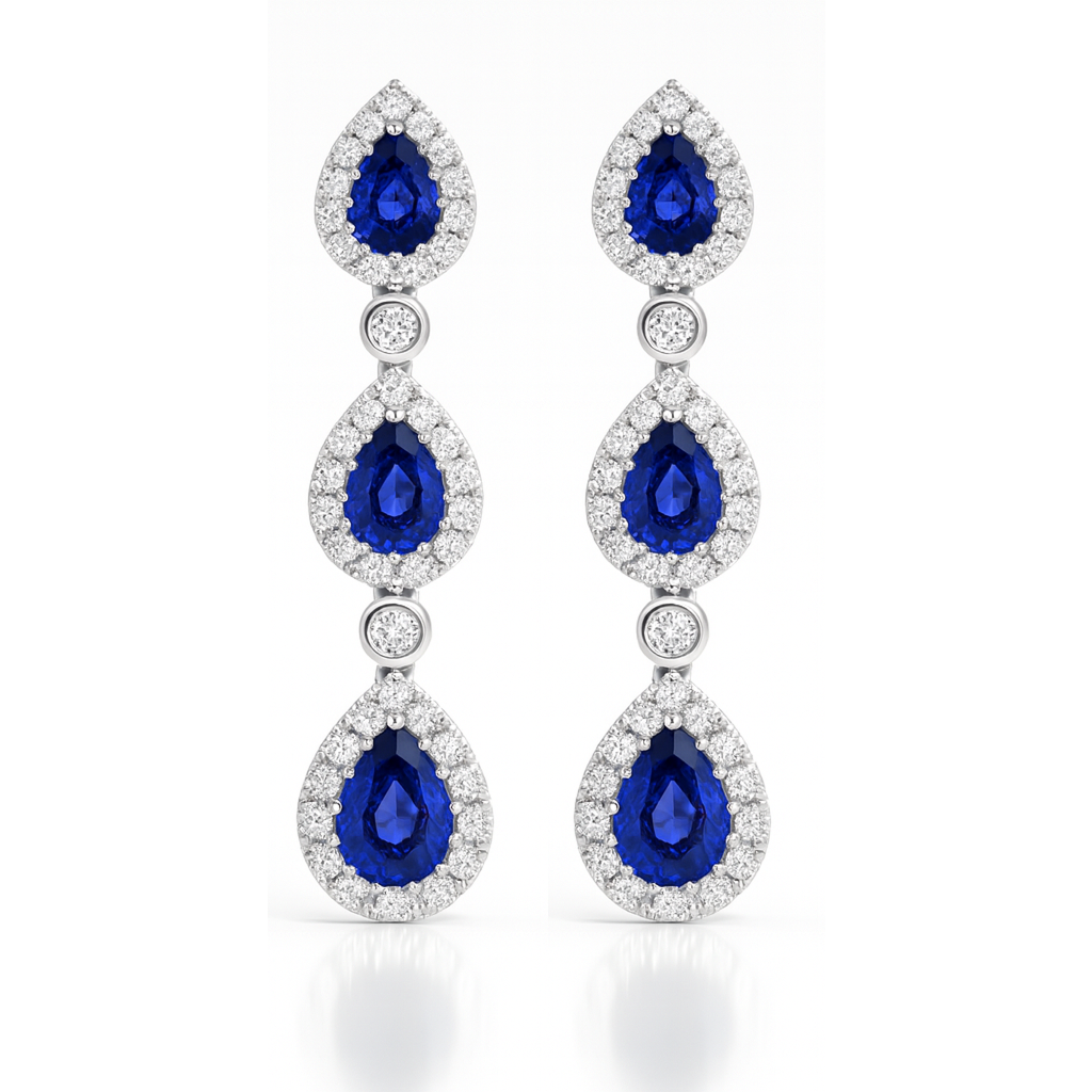 18K White Gold Pear Shape Blue Sapphire Halo Drop Earrings 1.20ct Chloe's Jewellers