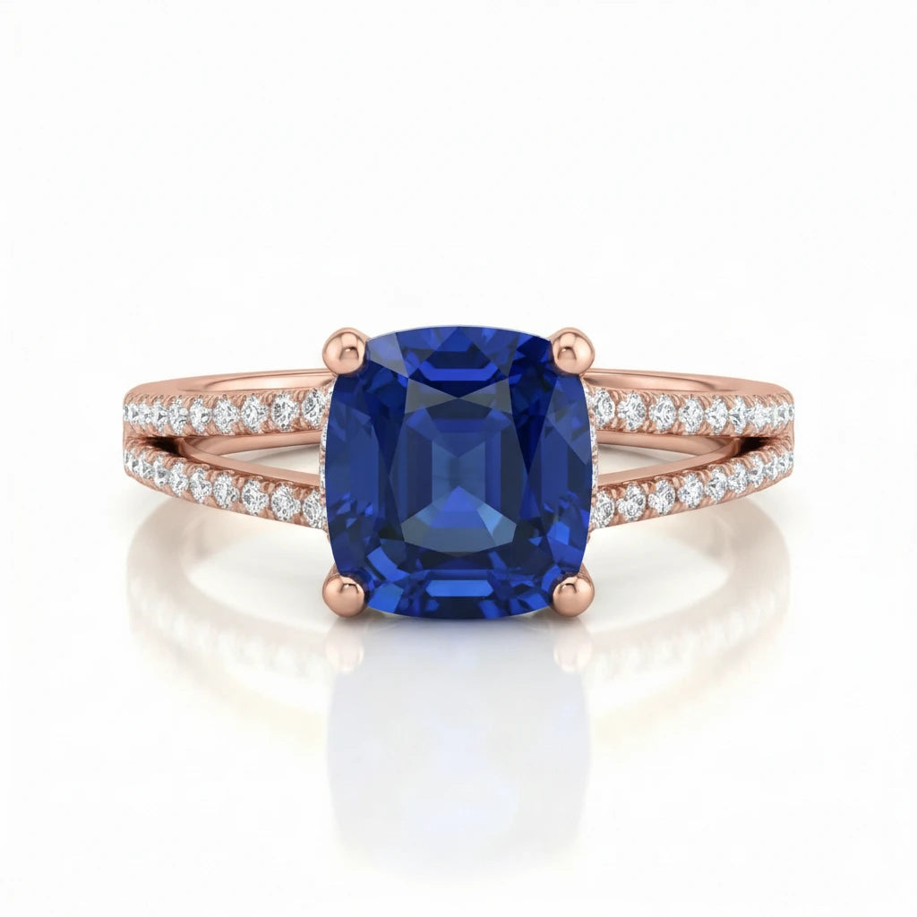 1.70ct Cushion Cut Blue Sapphire Engagement Ring with Split Shank