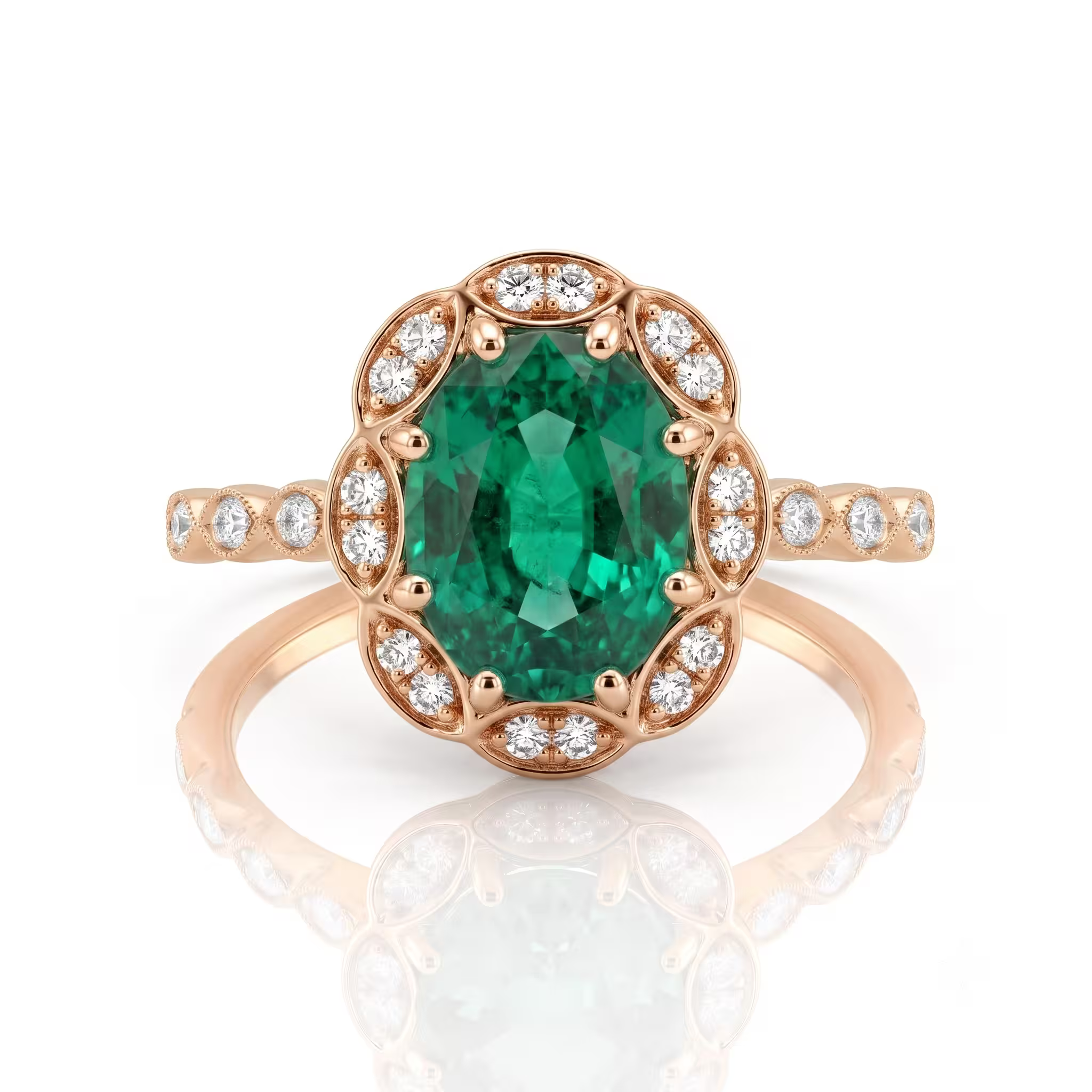 2.02ct Emerald Engagement Ring – Oval Halo, 18K Gold, F VS1 Diamonds