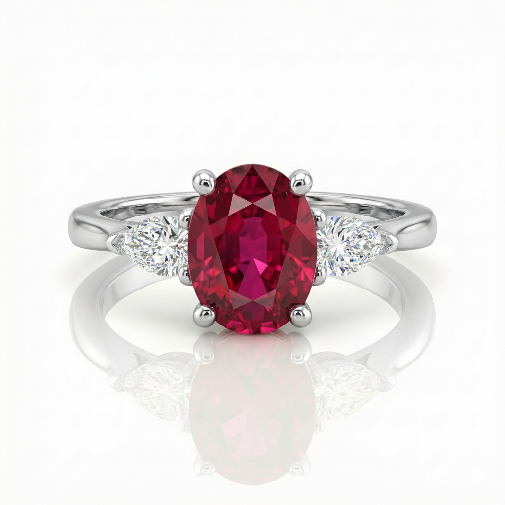 1.55ct Oval Cut Burma Ruby Engagement Ring with Side Diamonds Chloe's Jewellers