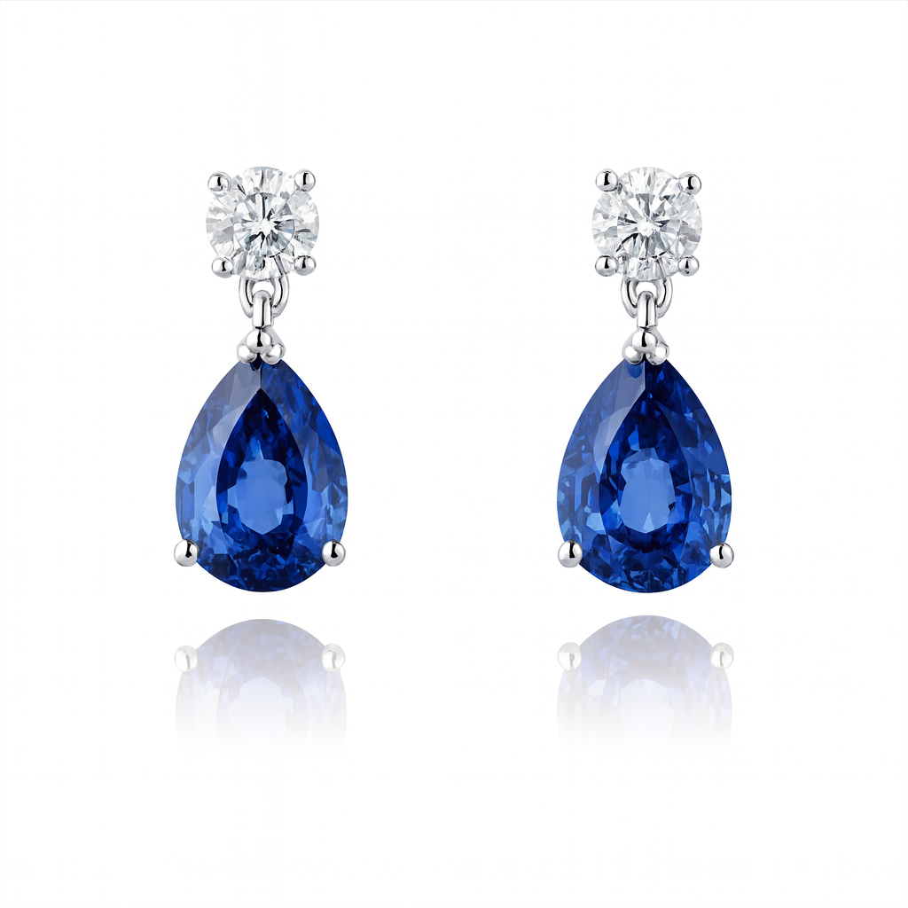 18K White Gold Pear Shape Blue Sapphire Drop Earrings 4ct Chloe's Jewellers