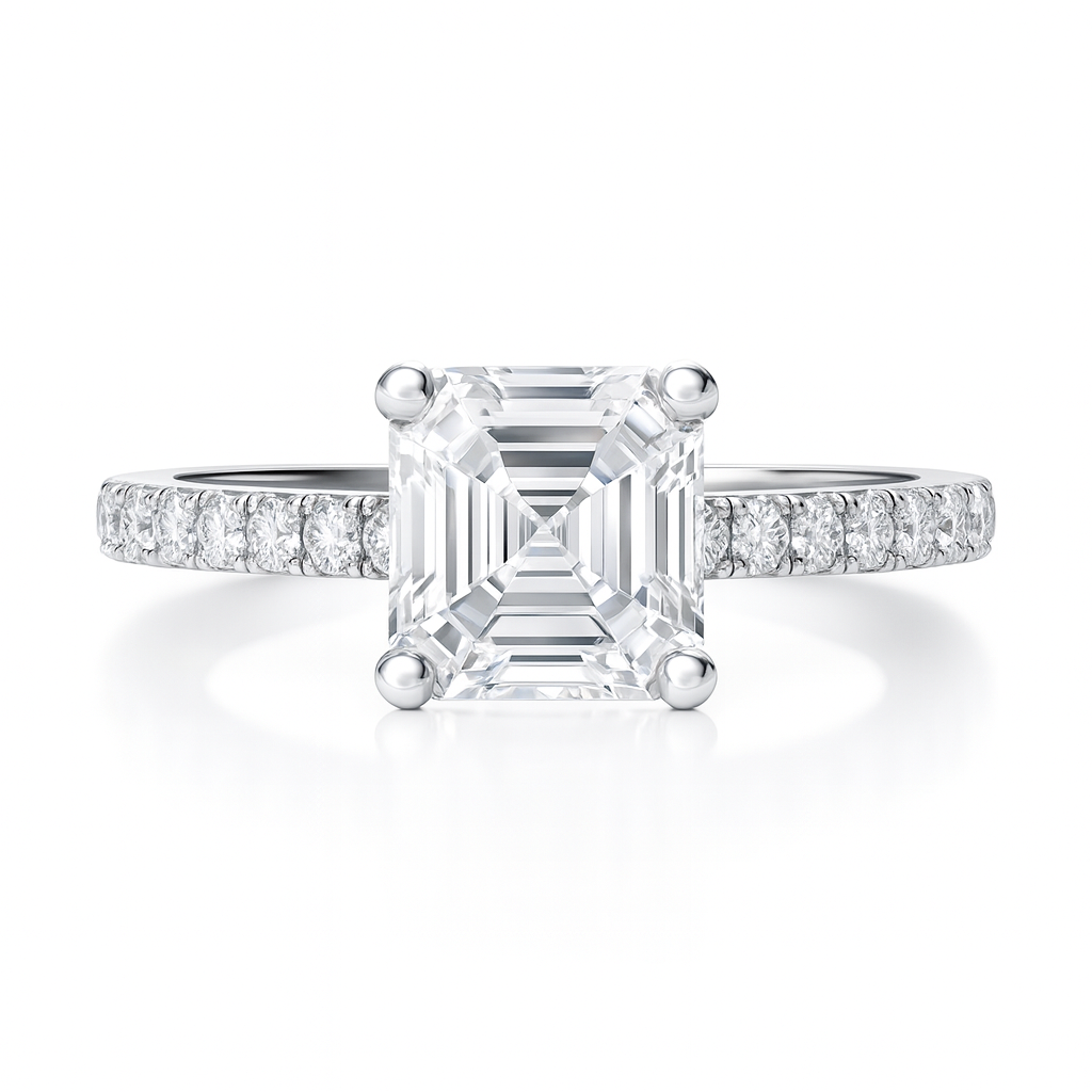 4 Prongs Natural Asscher Cut Shoulder Diamond Setting Engagement Ring