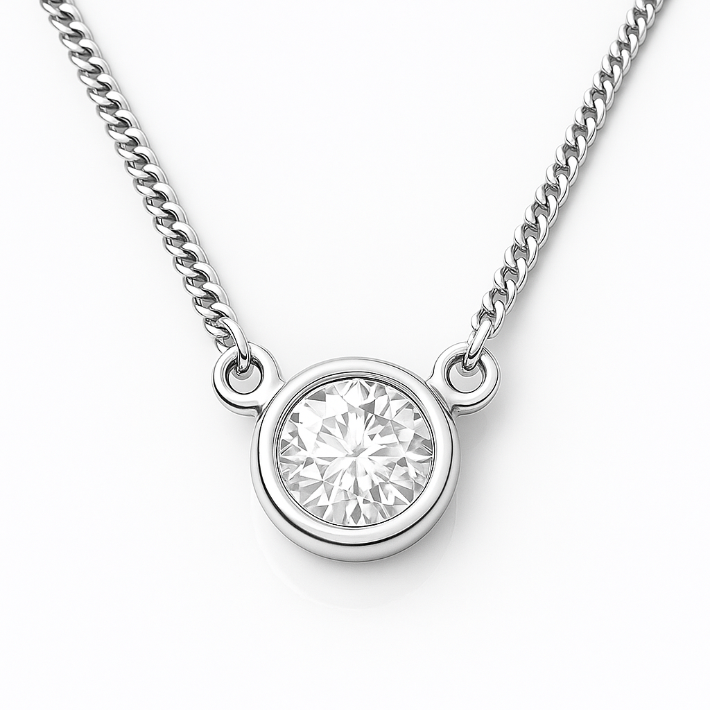 18K White Gold Round cut Natural Diamond Bezel Set Pendant Necklace 0.59CT