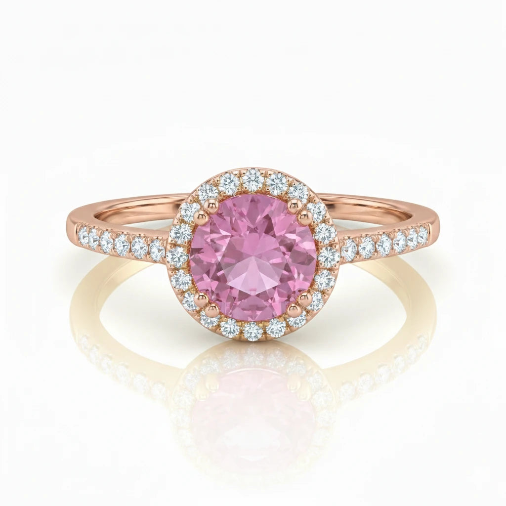 0.66ct Round Cut Pink Sapphire Halo Setting Engagement Ring
