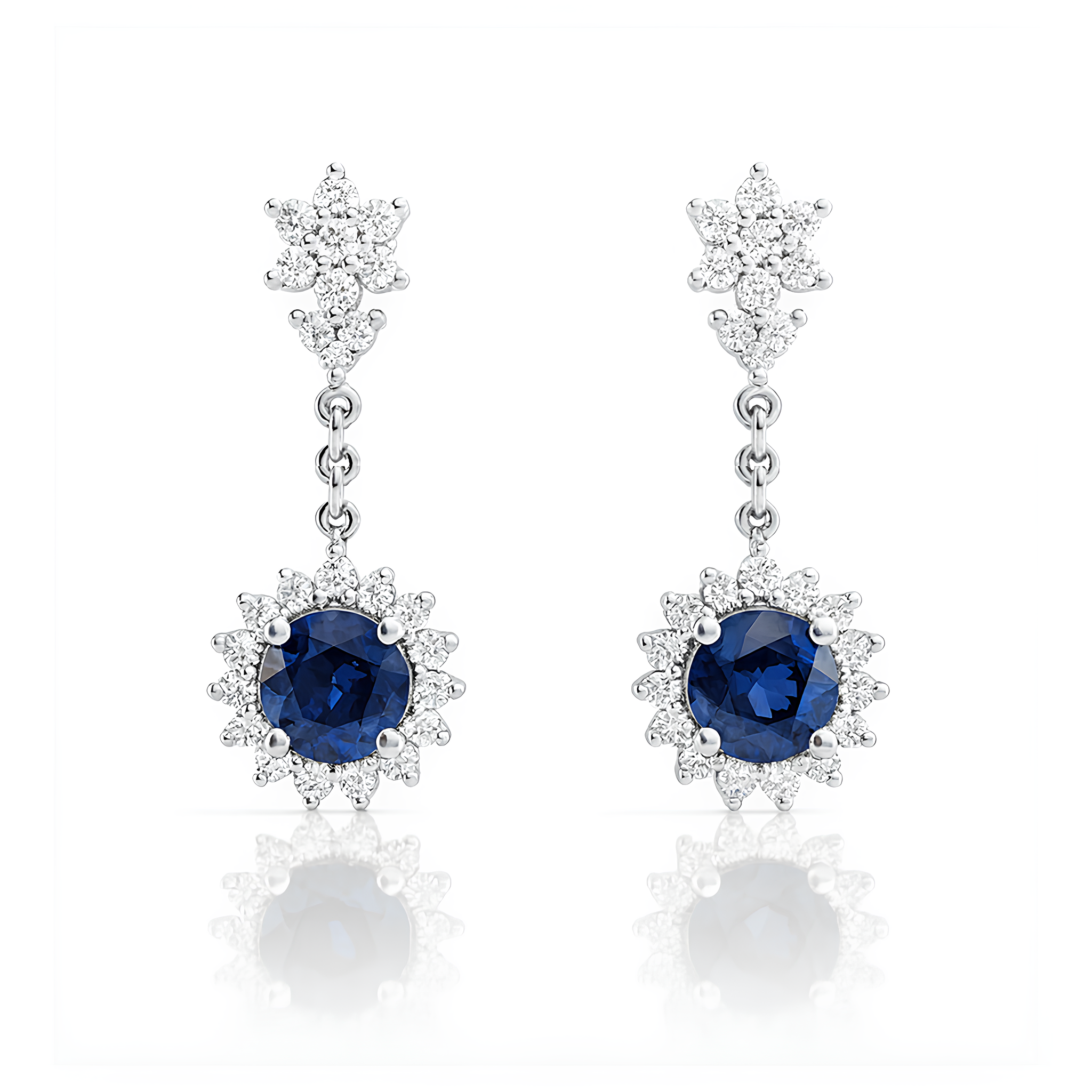 18K White Gold Round Cut Blue Sapphire Halo Drop Earrings 1ct Chloe's Jewellers