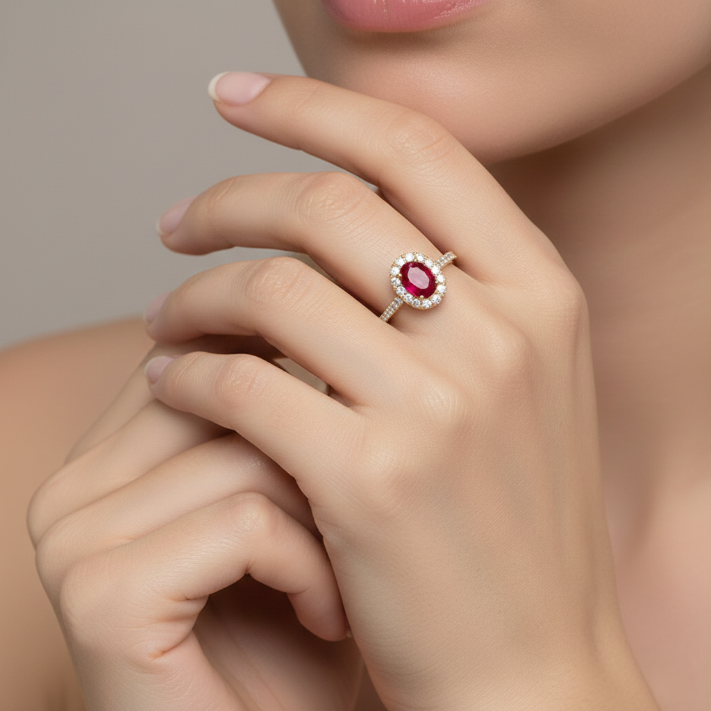 PEONY OVAL HALO RUBY RING