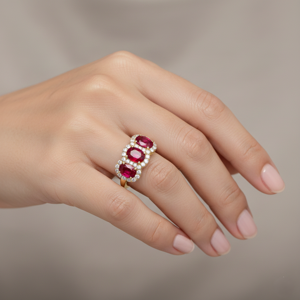 Ruby Halo Trilogy & Diamond Ring Chloe's Jewellers
