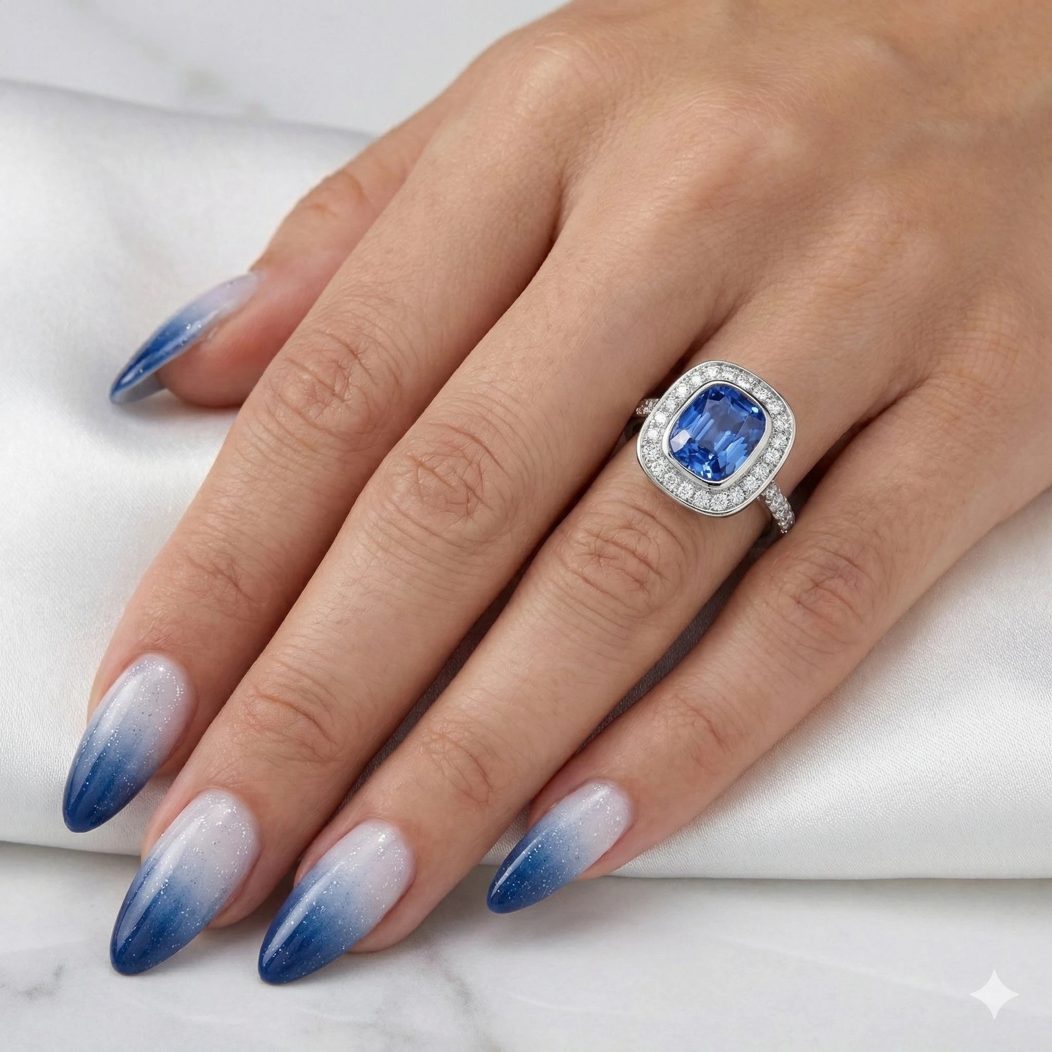 1.46ct Cushion Cut Blue Sapphire Halo Setting Engagement Ring Chloe's Jewellers