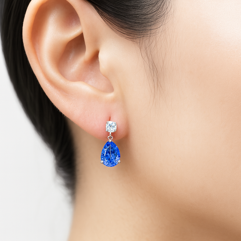 18K White Gold Pear Shape Blue Sapphire Drop Earrings 4ct