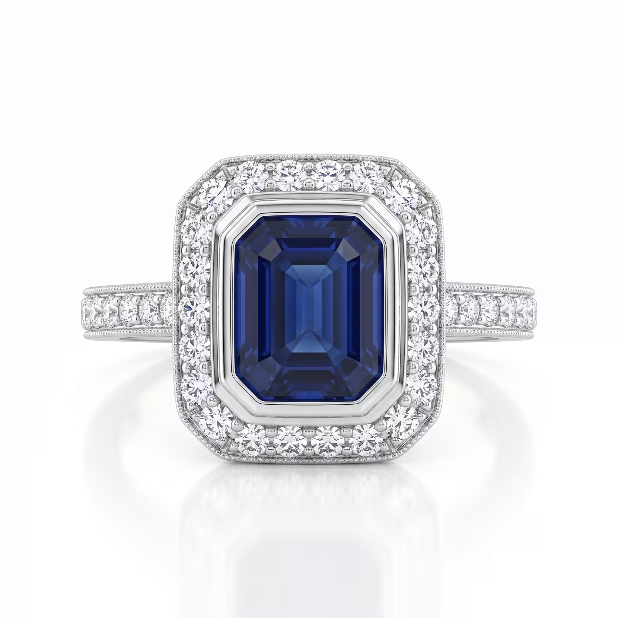 1.00ct Emerald Cut Blue Sapphire Halo Setting Engagement Ring - 18K Gold Chloe's Jewellers