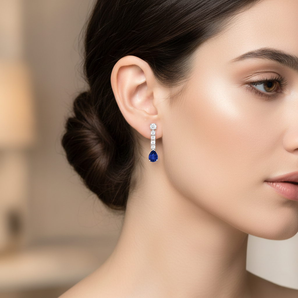 18K White Gold Detachable Round Stud & Pear Shape Blue Sapphire Drop Earrings 2.00ct Chloe's Jewellers