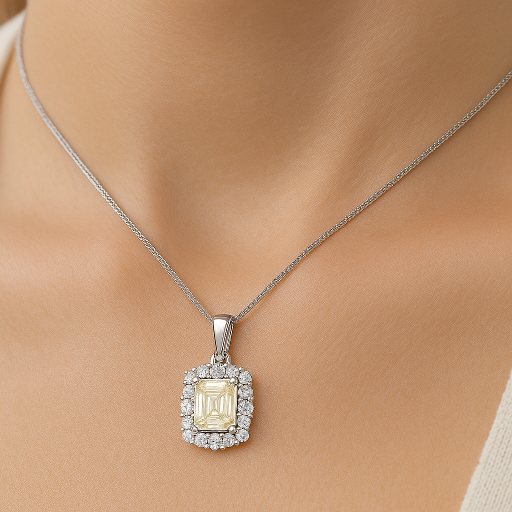 18K White Gold Asscher Cut Diamond Halo Set Pendant Necklace 1.32CT Chloe's Jewellers