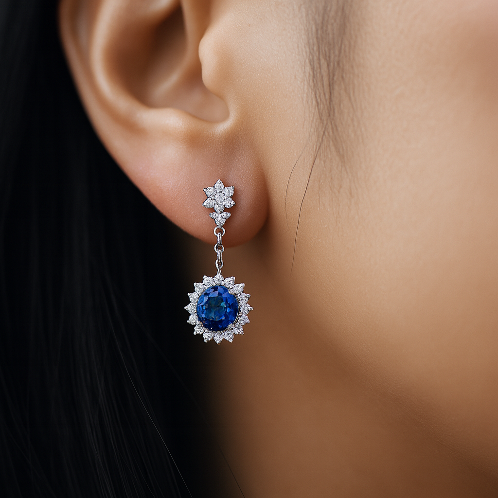 18K White Gold Round Cut Blue Sapphire Halo Drop Earrings 1ct Chloe's Jewellers