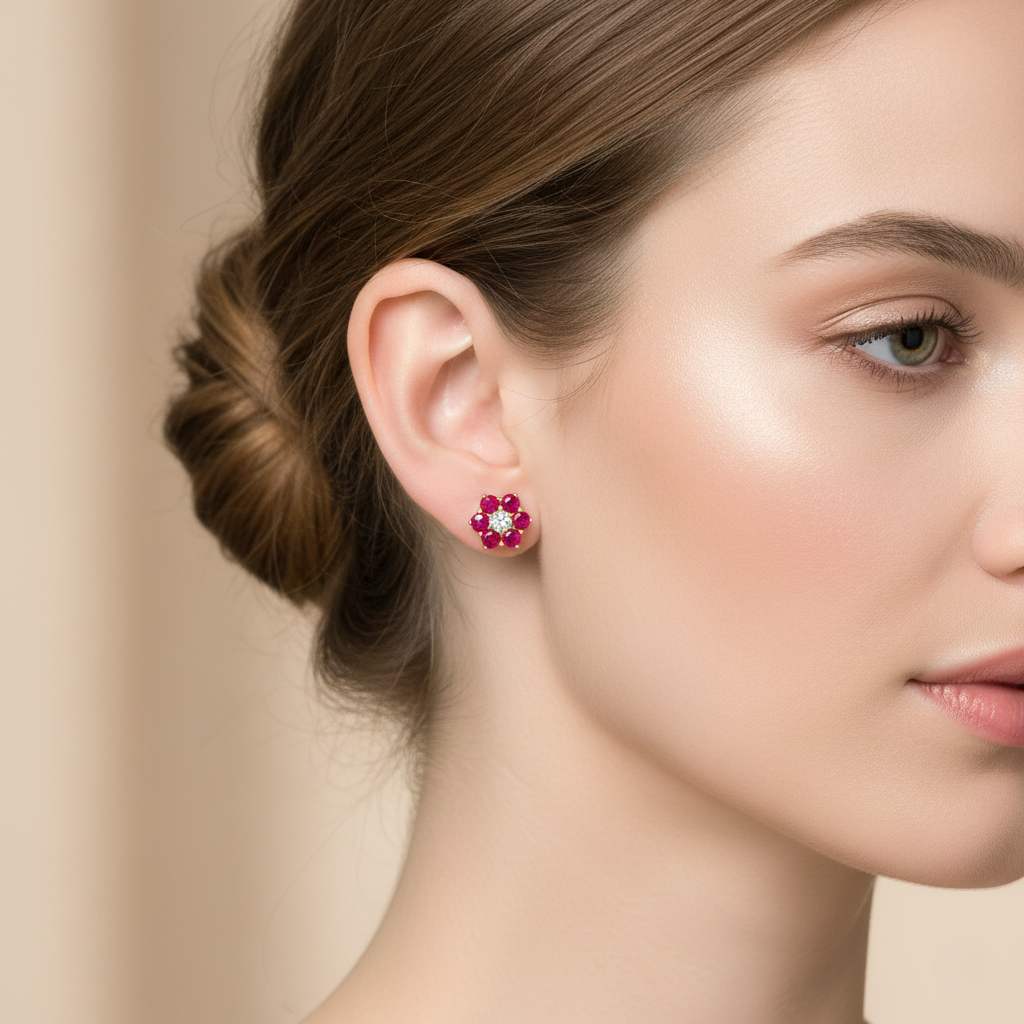 Cluster Setting With Centre Round Diamond and Halo Round Ruby Stud Earrings