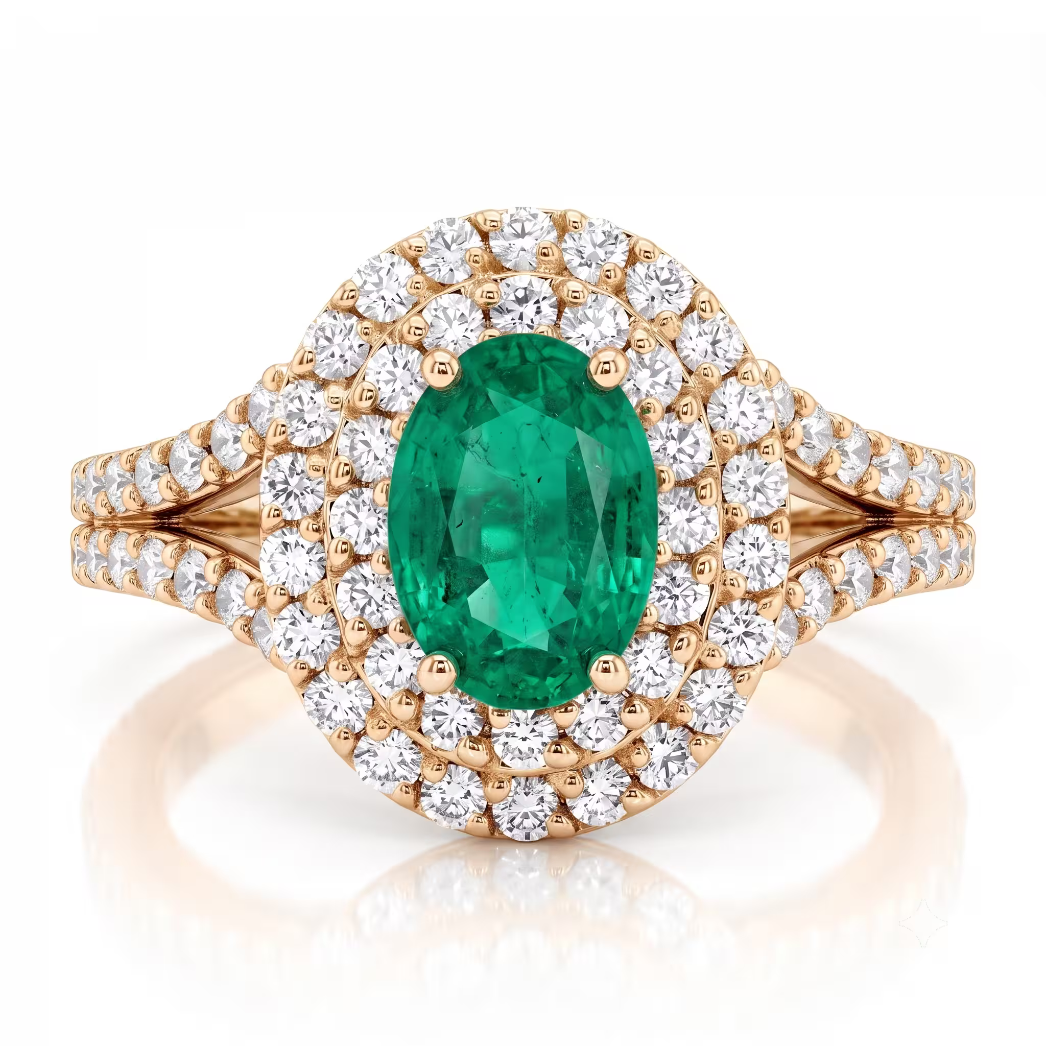 0.65ct Oval Cut Colombian Emerald Double Halo Setting Engagement Ring - 18K Gold