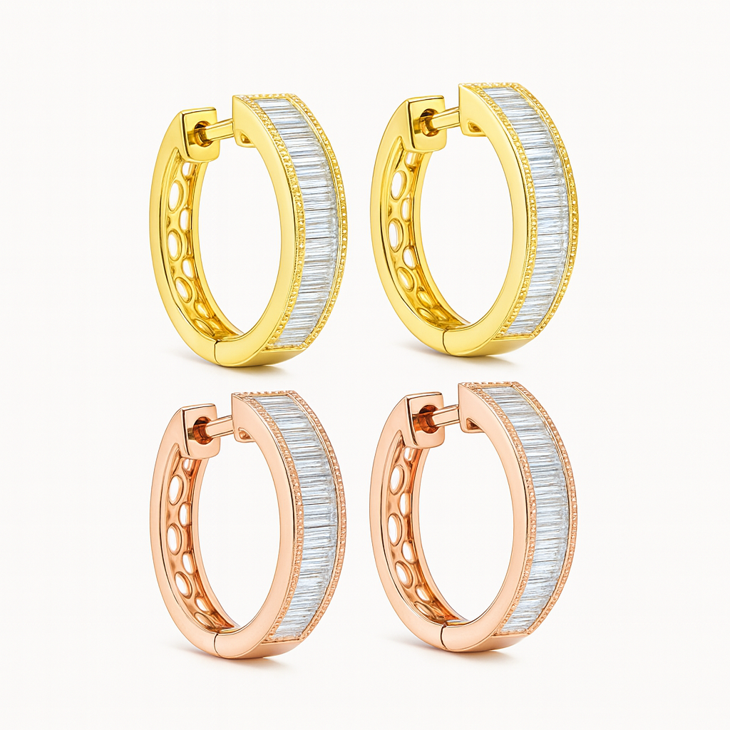 18K White Gold Channel Set Baguette Cut Diamond Hoop Earrings 0.43CT