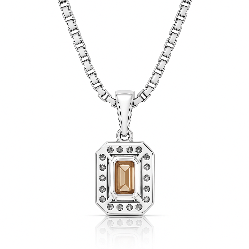 1.32CT GIA Natural Fancy Yellow Brown Emerald Cut Diamond Halo Set Pendant Necklace