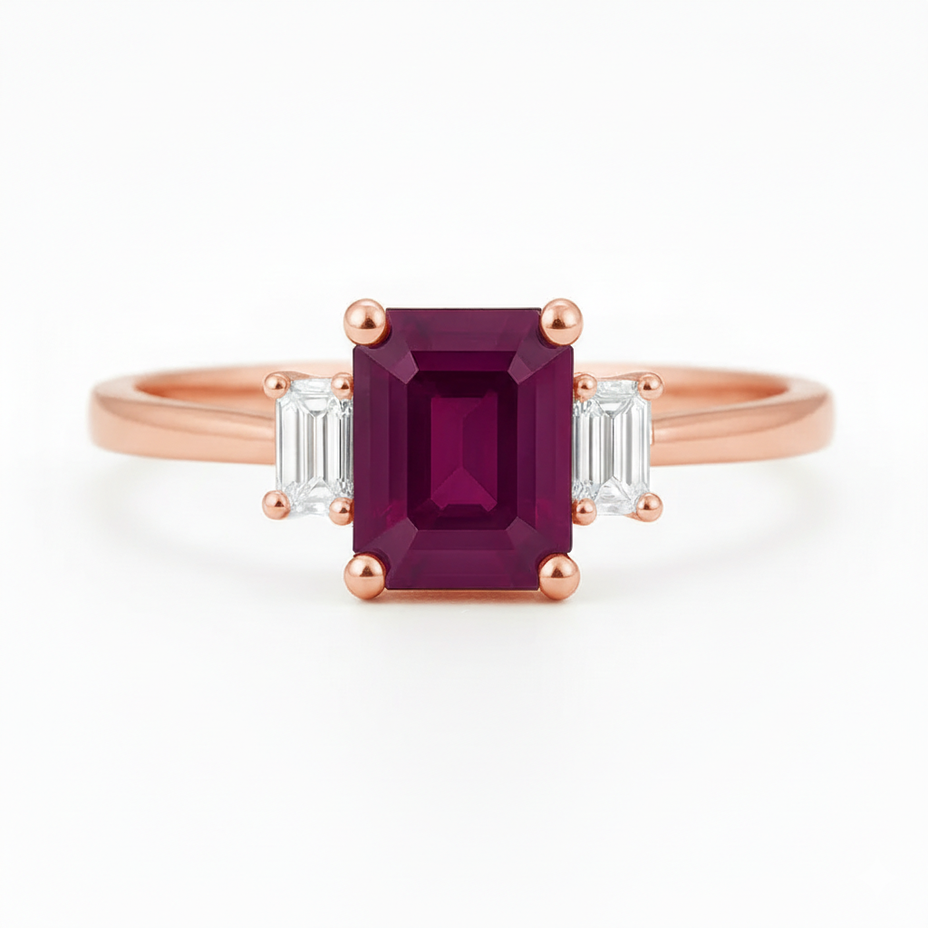 1.18ct Ruby Engagement Ring – Emerald Cut, Baguette Sides, 18K Gold Chloe's Jewellers