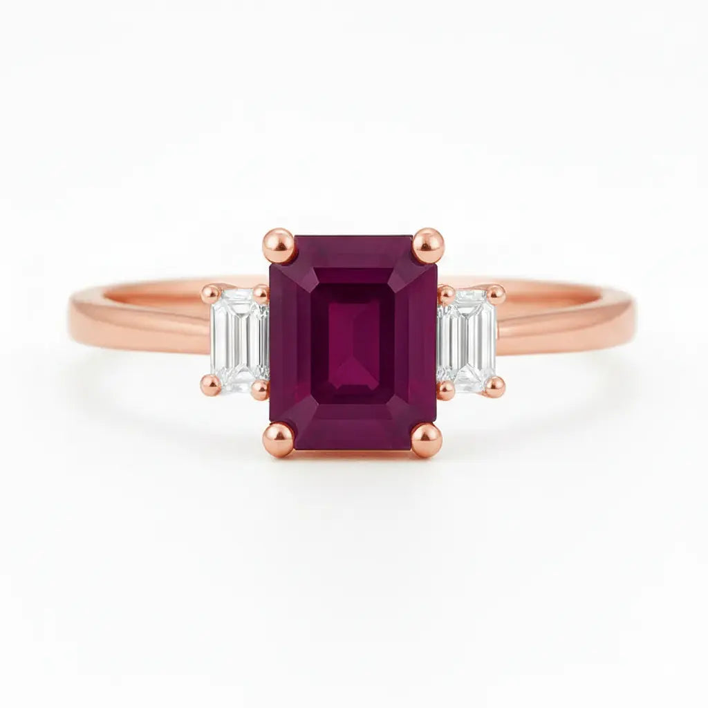 1.18ct Ruby Engagement Ring – Emerald Cut, Baguette Sides, 18K Gold Chloe's Jewellers