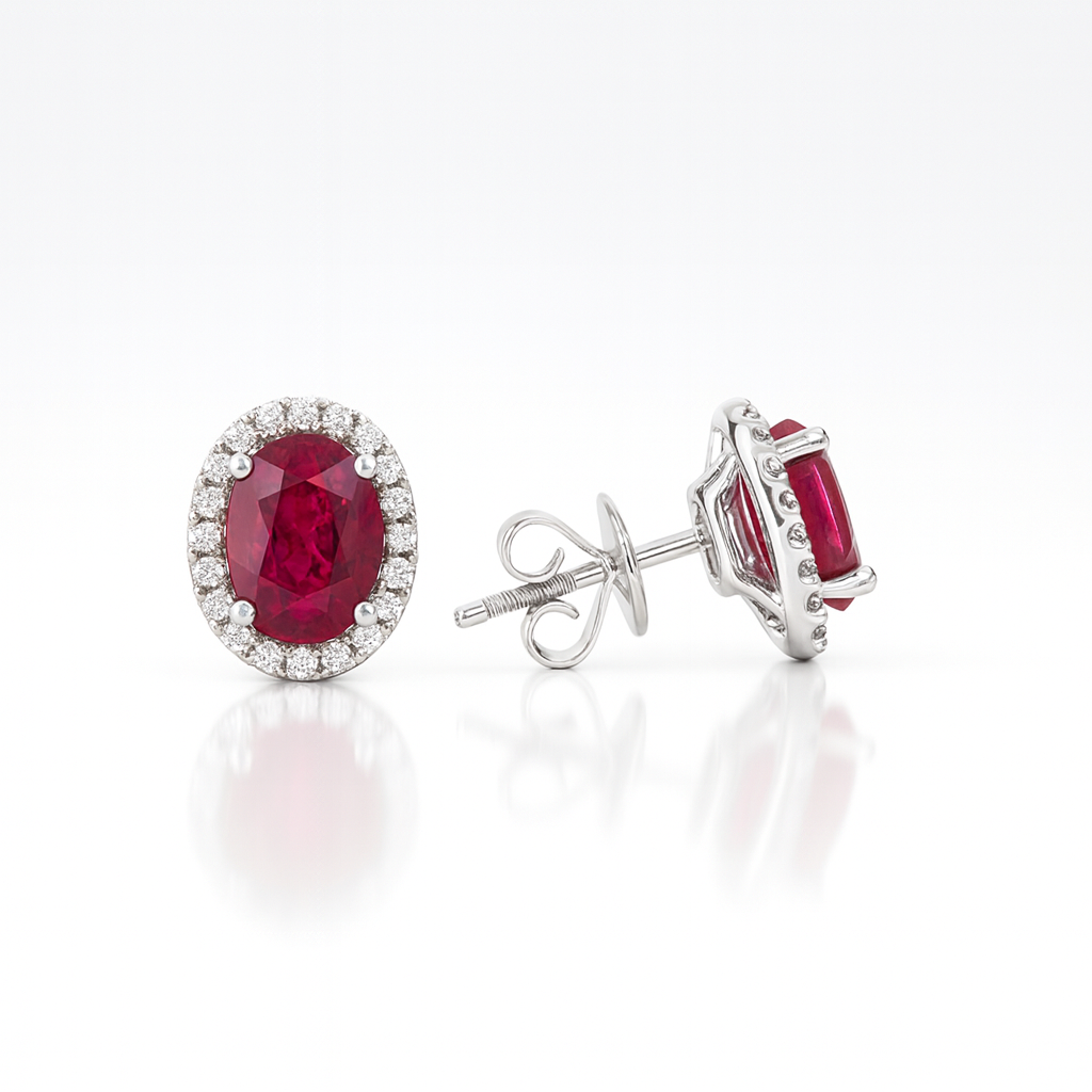 Oval Ruby Halo Setting Stud Earrings 2.00CT 18K White Gold Chloe's Jewellers