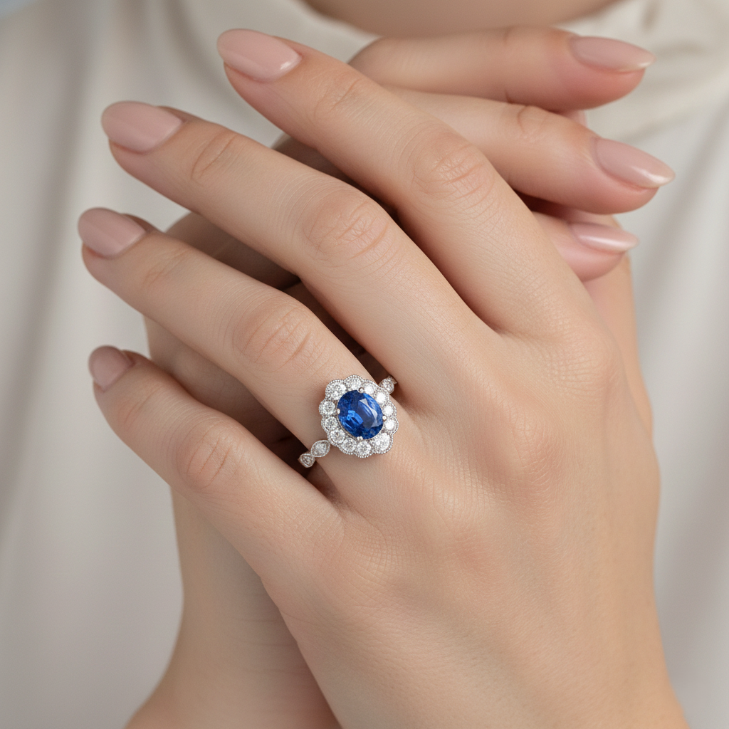 2.02ct Blue Sapphire Ring – Oval Halo, 18K Gold, F VS1 Diamonds