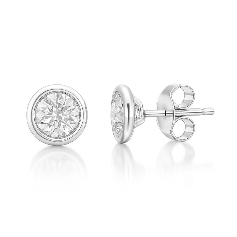 0.90ct Round Diamond Bezel Set Stud Earring, 18ct White Gold Chloe's Jewellers