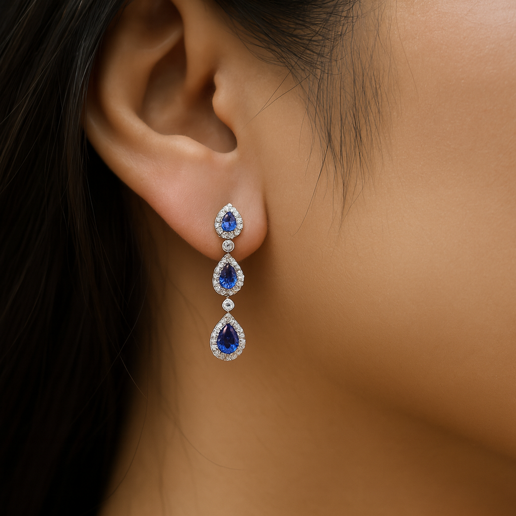 18K White Gold Pear Shape Blue Sapphire Halo Drop Earrings 1.20ct Chloe's Jewellers
