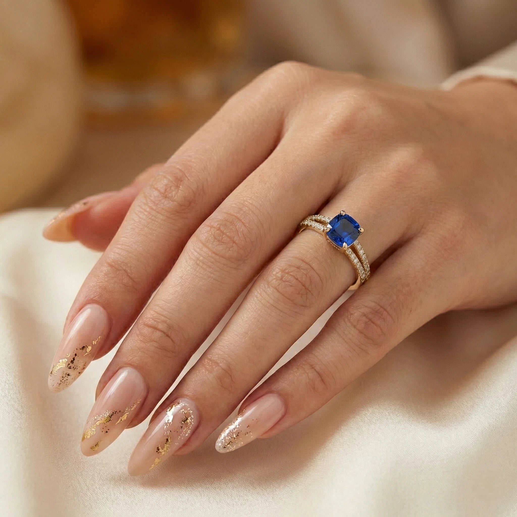 1.70ct Cushion Cut Blue Sapphire Engagement Ring with Split Shank Chloe's Jewellers