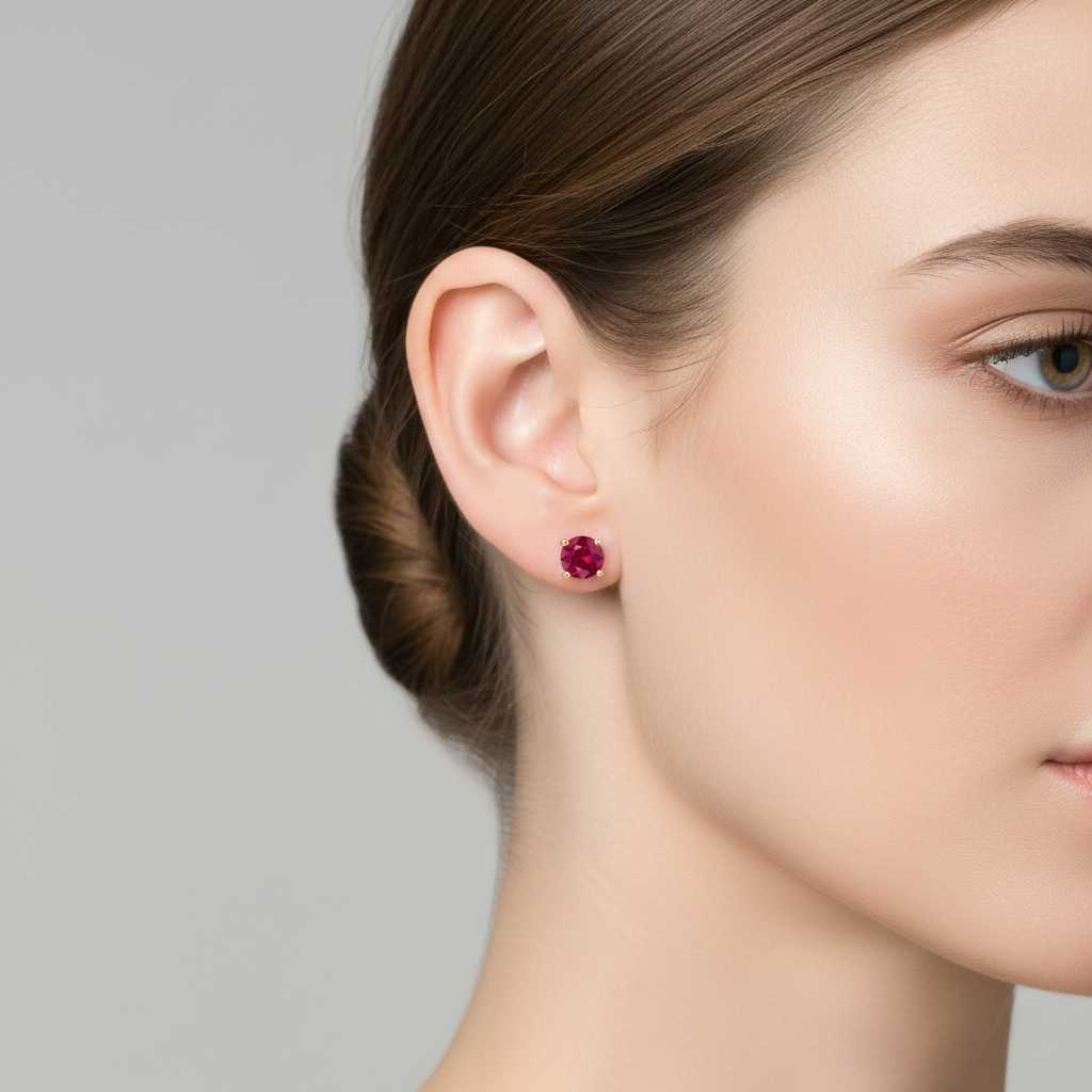 1.00CT Round Shape Ruby Stone Stud Earrings 18K Yellow Gold