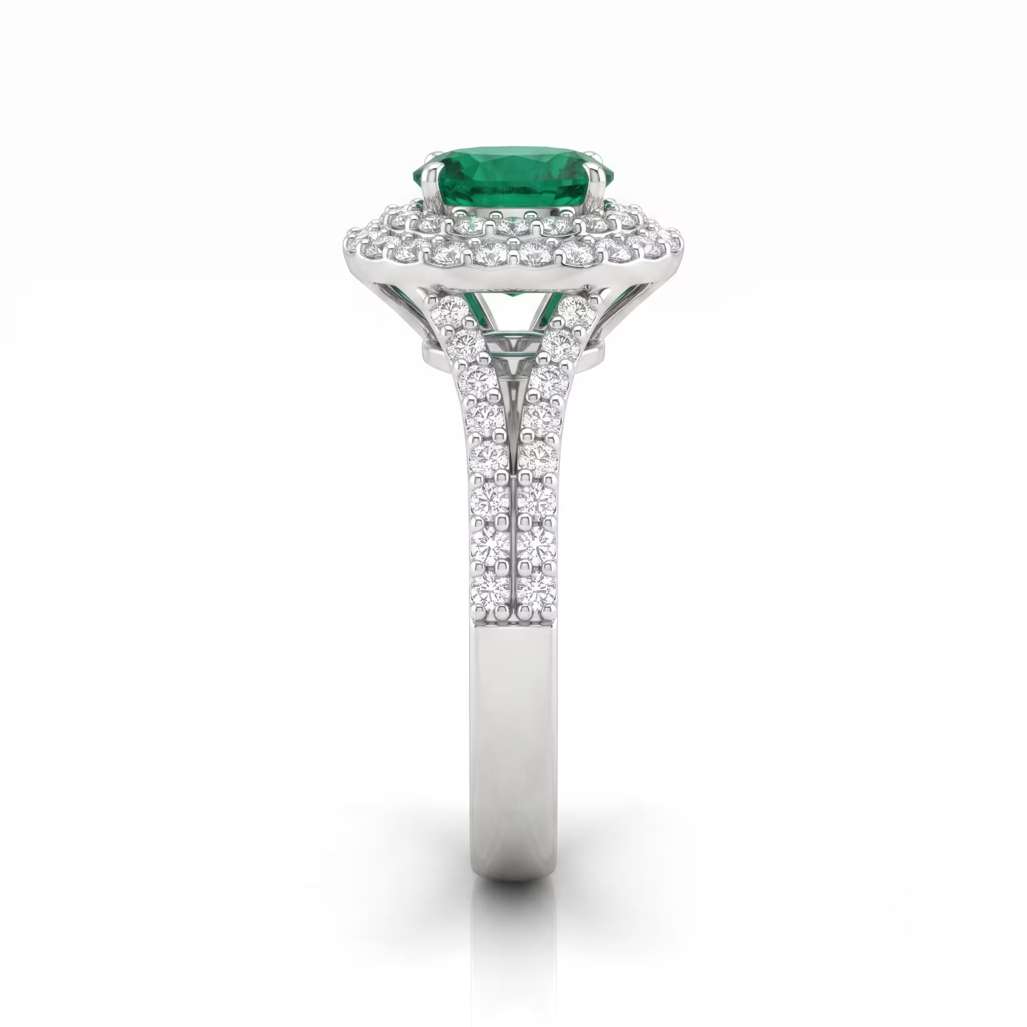 0.65ct Oval Cut Colombian Emerald Double Halo Setting Engagement Ring - 18K Gold