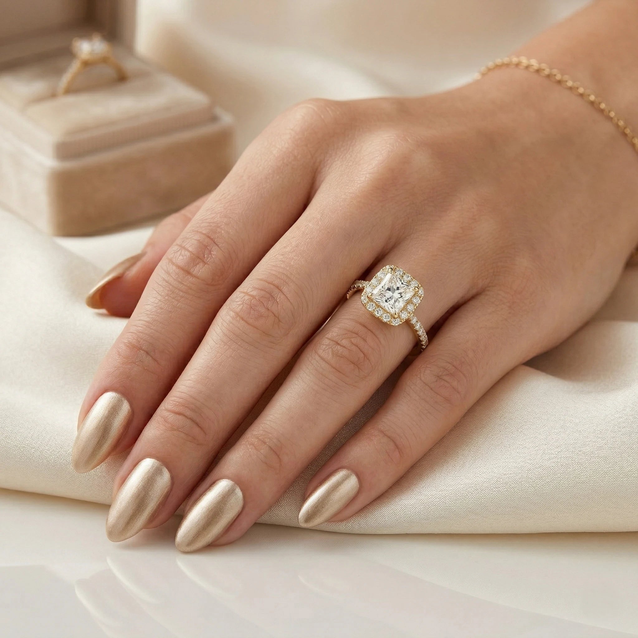 0.73ct GIA Natural Princess Cut Halo Set Engagement Ring