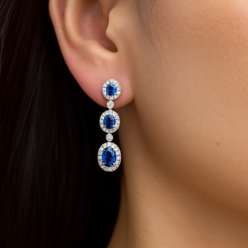 18K White Gold Oval Cut Blue Sapphire Halo Drop Earrings 1.20ct Chloe's Jewellers