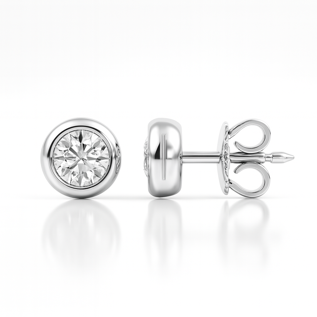 0.92ct Round Diamond Bezel Set Stud Earring, 18ct White Gold Chloe's Jewellers