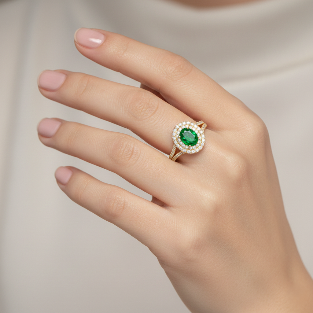 Jasmine Oval Halo Emerald Ring