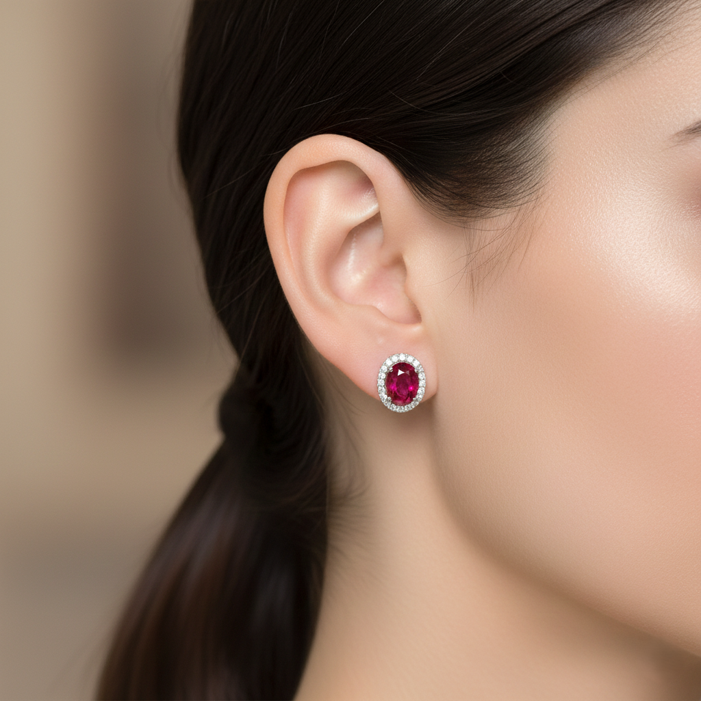 Oval Ruby Halo Setting Stud Earrings 2.00CT 18K White Gold Chloe's Jewellers