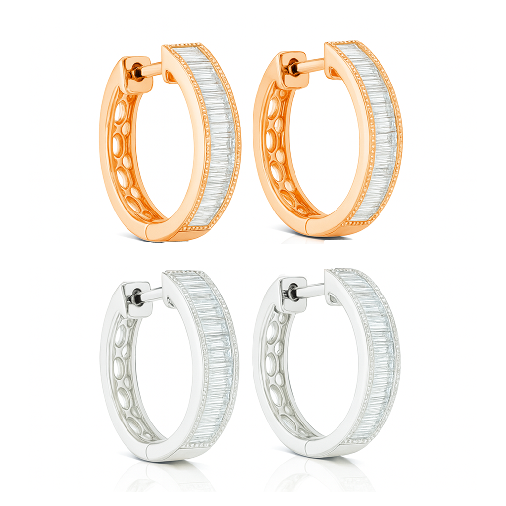 Channel Set Baguette Cut Diamond Round Hoop Earrings