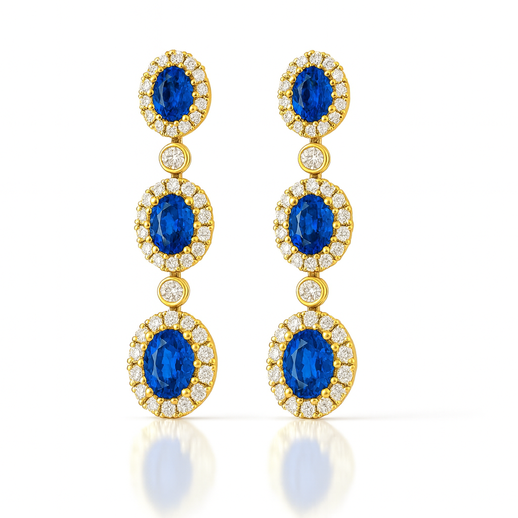 18K White Gold Oval Cut Blue Sapphire Halo Drop Earrings 1.20ct Chloe's Jewellers