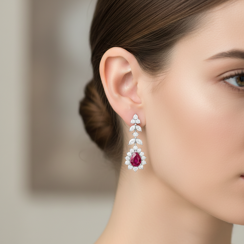 Certified Burma Heated Pear Cut Ruby with Natural Round Diamonds Halo Setting Drop Earrings