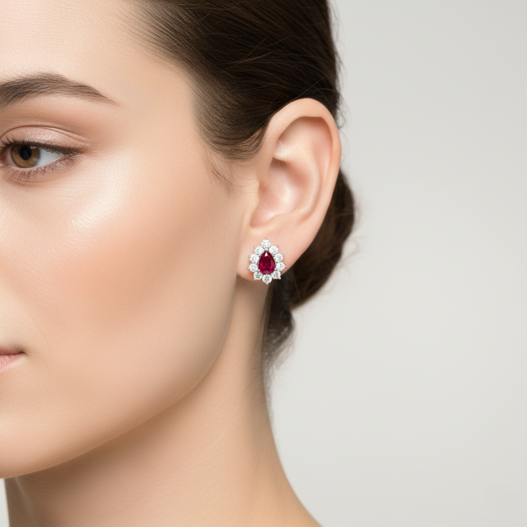 Pear cut Ruby with Natural Round Shape Halo Setting Earrings 18K White Gold Chloe's Jewellers