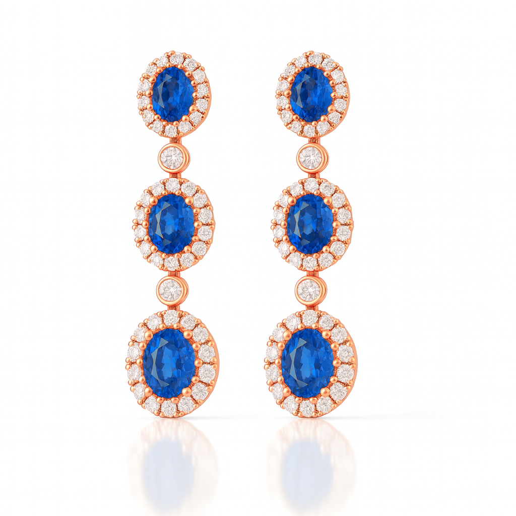 18K White Gold Oval Cut Blue Sapphire Halo Drop Earrings 1.20ct Chloe's Jewellers
