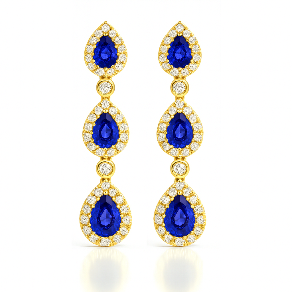 18K White Gold Pear Shape Blue Sapphire Halo Drop Earrings 1.20ct Chloe's Jewellers