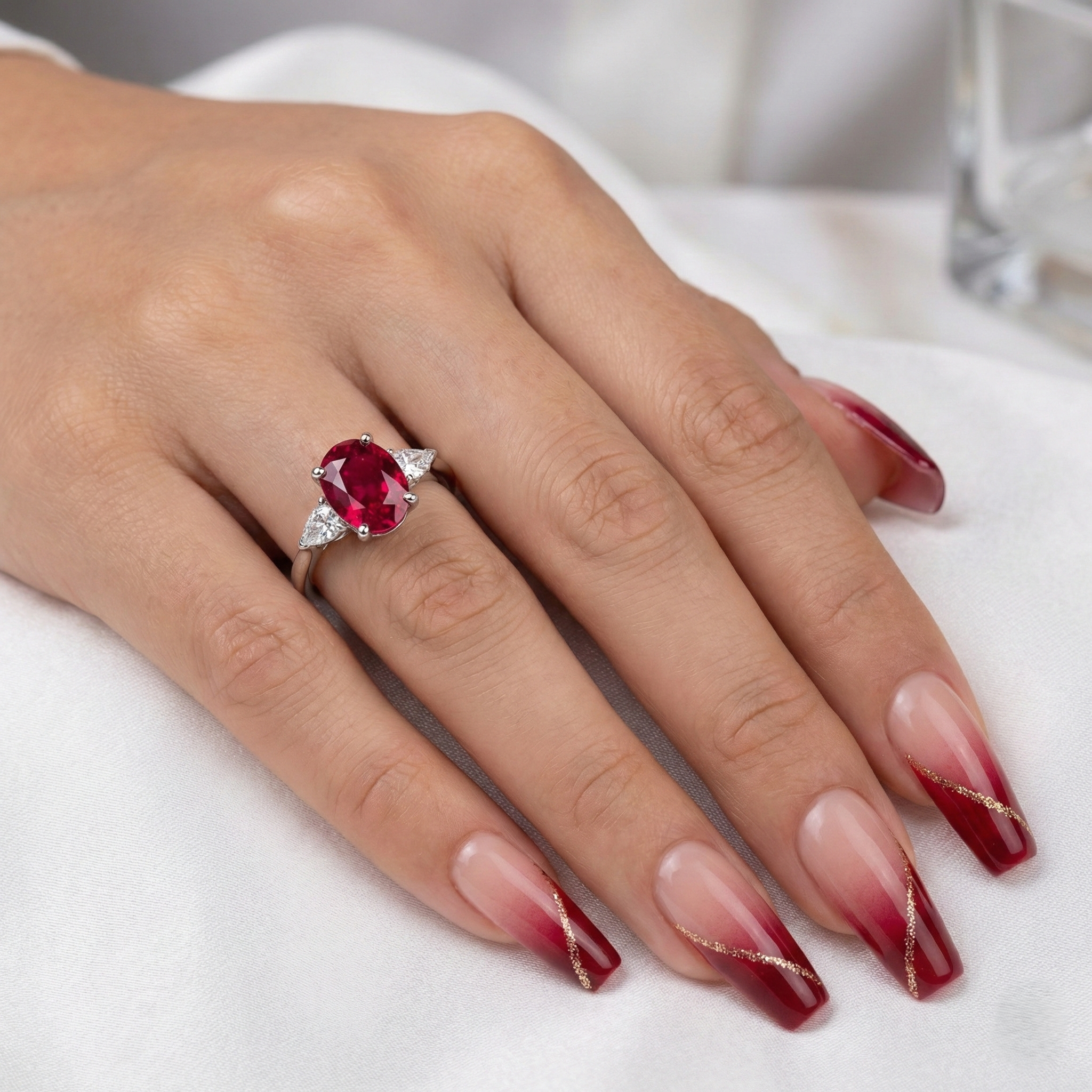 1.55ct Oval Cut Burma Ruby Engagement Ring with Side Diamonds Chloe's Jewellers
