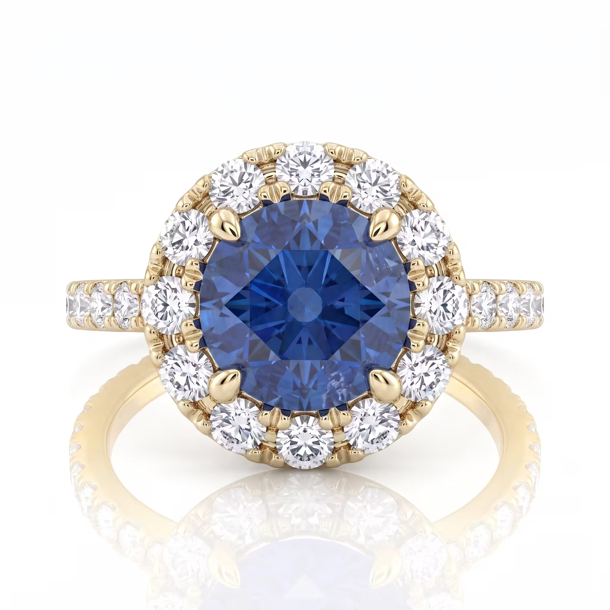 2.14ct Round Cut Blue Sapphire Halo Set Engagement Ring - 18K Gold Chloe's Jewellers