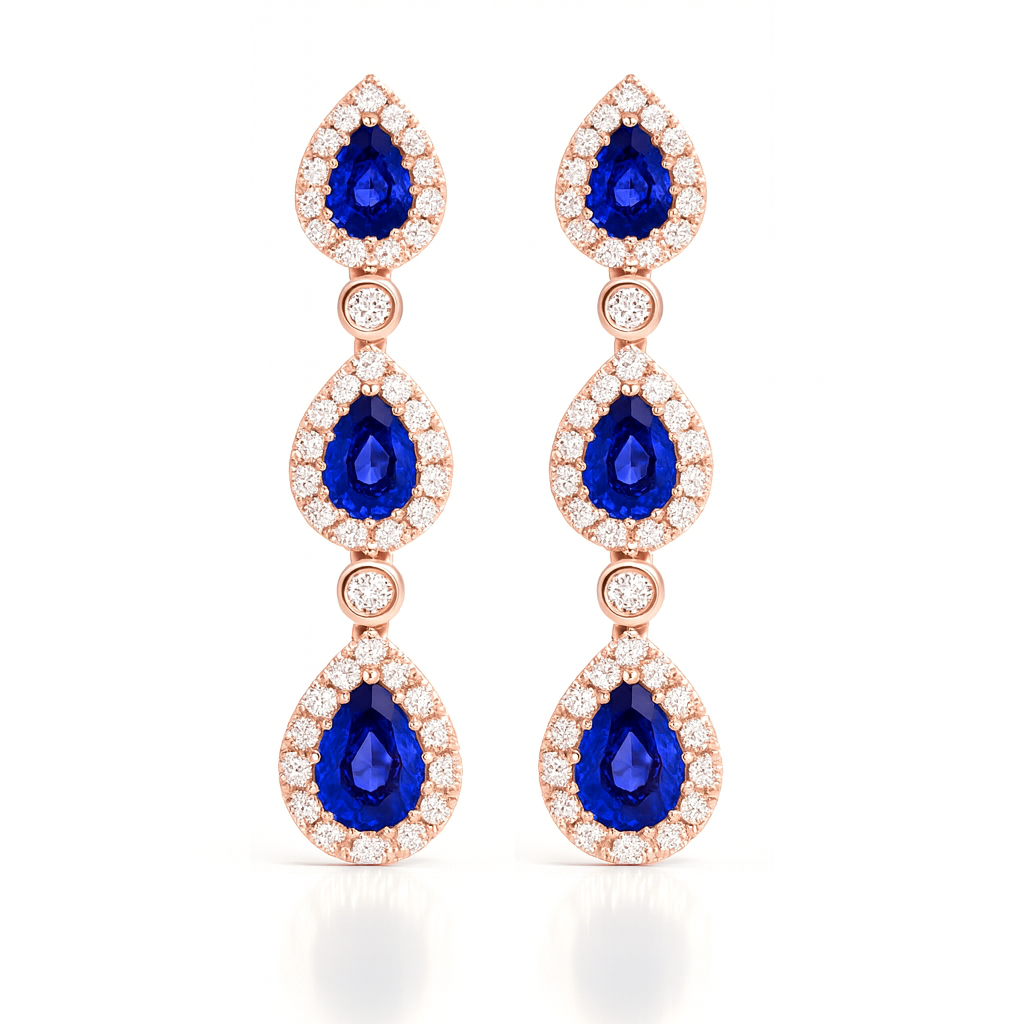 18K White Gold Pear Shape Blue Sapphire Halo Drop Earrings 1.20ct Chloe's Jewellers