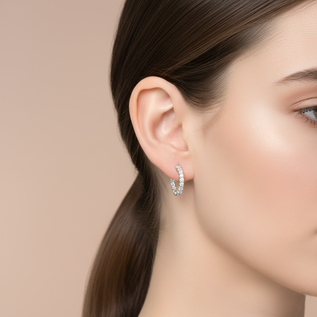 18K White Gold Claw Set In & Out Brilliant Cut Diamond Round Hoop Earrings 0.46CT