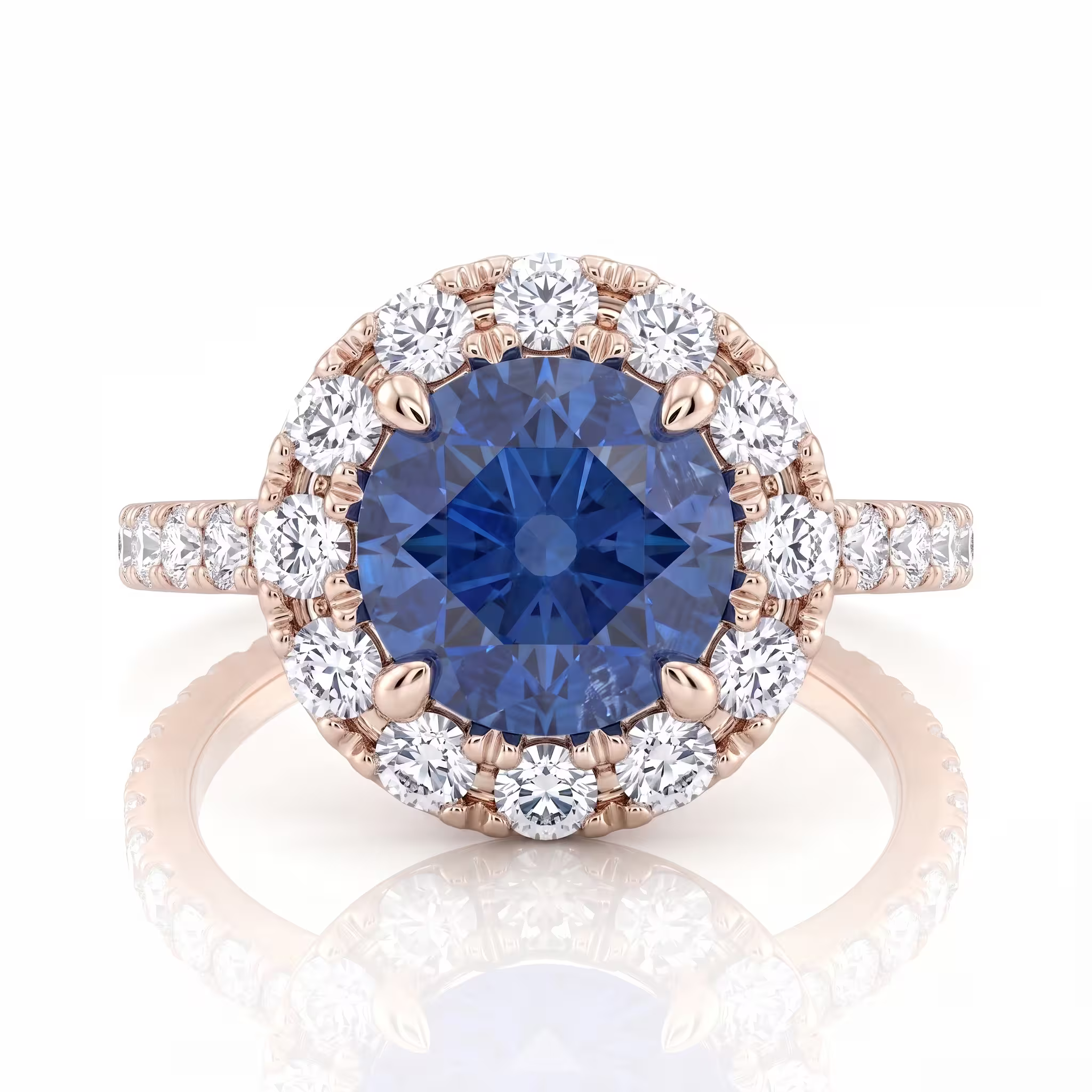 2.14ct Round Cut Blue Sapphire Halo Set Engagement Ring - 18K Gold Chloe's Jewellers