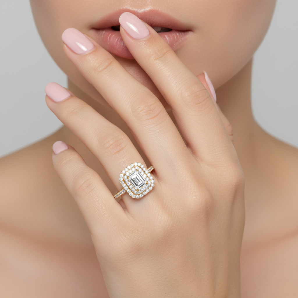 Daisy Double Halo Emerald Cut Diamond Ring Chloe's Jewellers