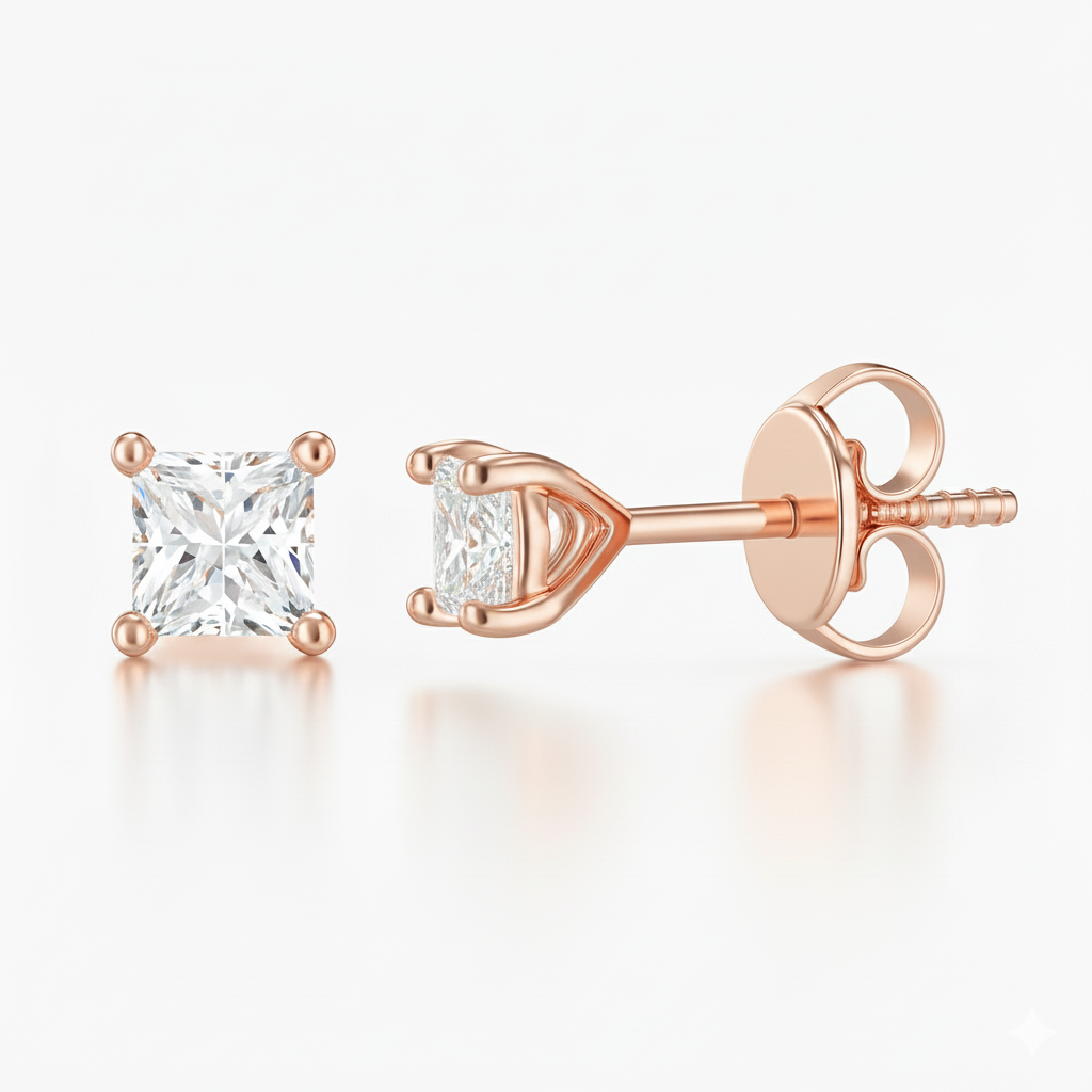 0.50ct Princess Cut Natural Diamond Stud Earrings, 18ct Yellow Gold Chloe's Jewellers