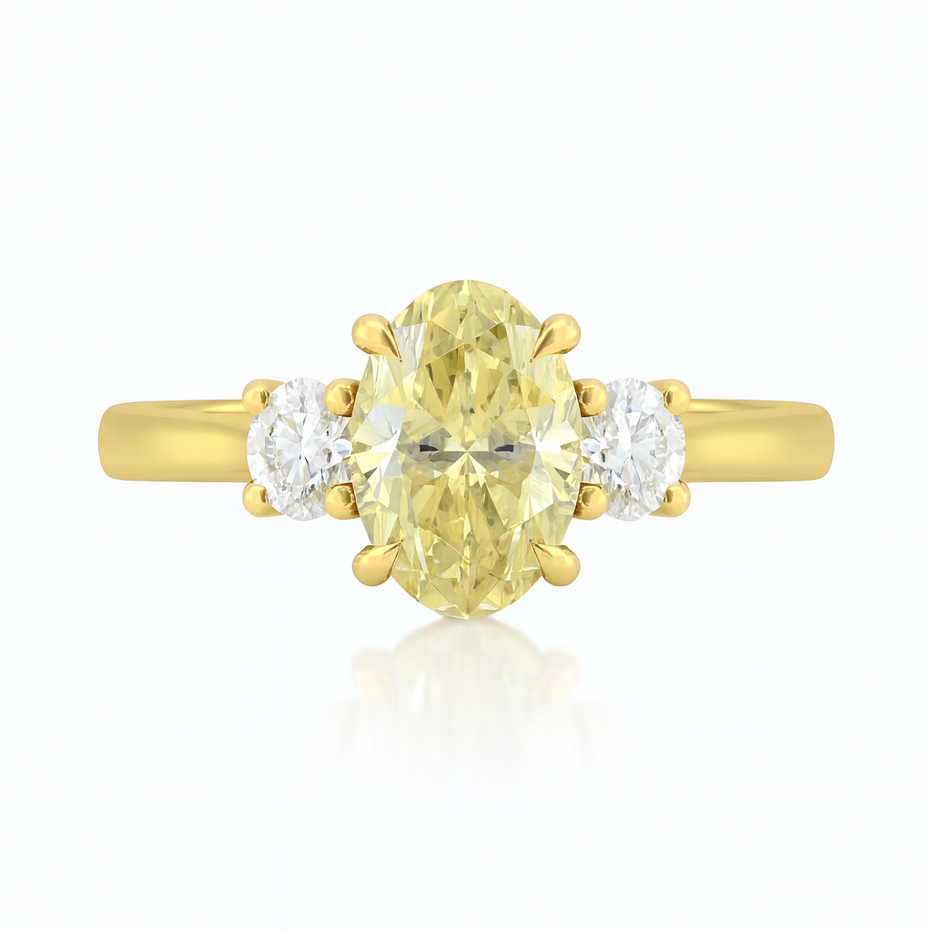 Trilogy Setting Natural Fancy Intense Yellow Oval Diamond Engagement Ring