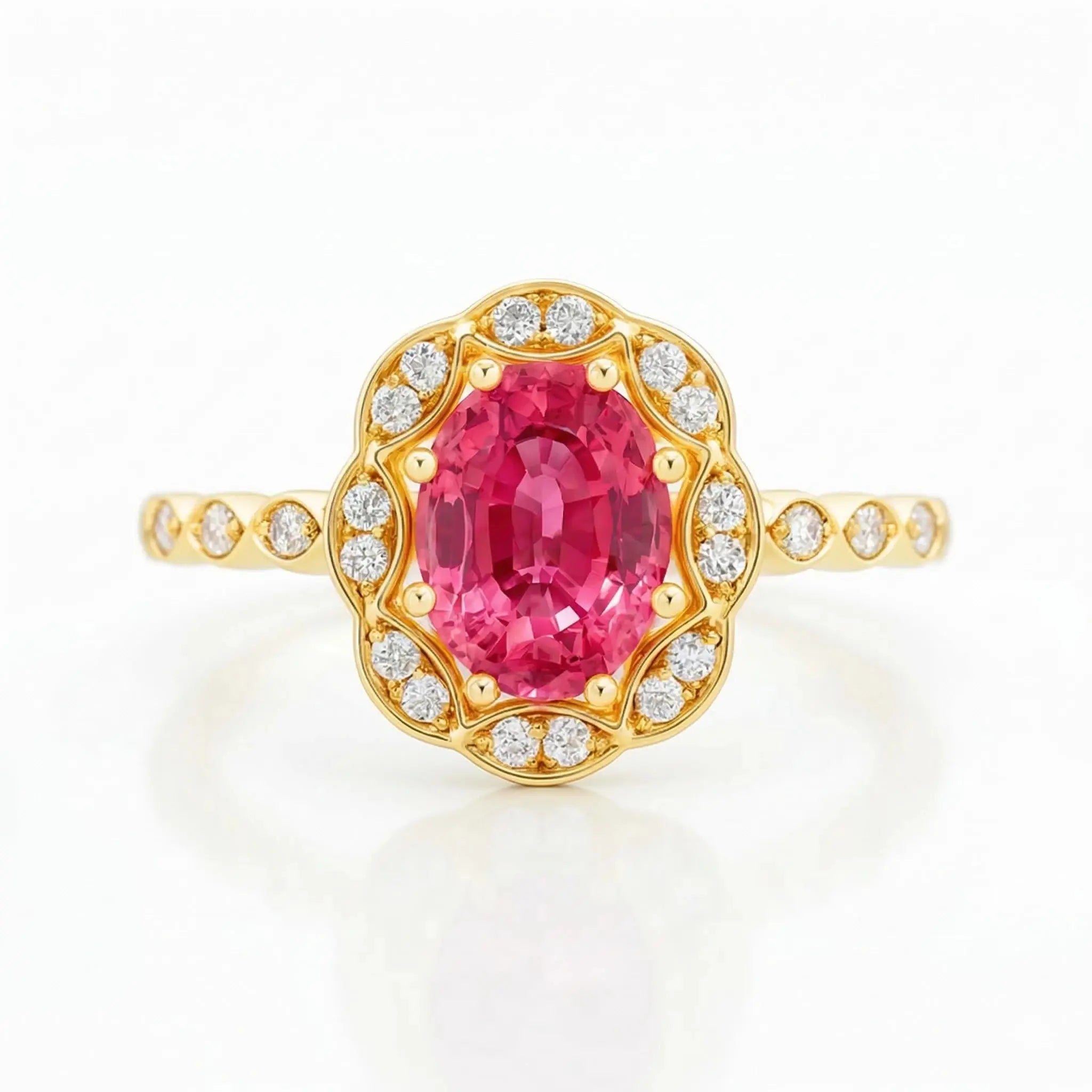 1.40ct Peach Sapphire Engagement Ring | F VS1 Diamonds | 18K Gold Chloe's Jewellers